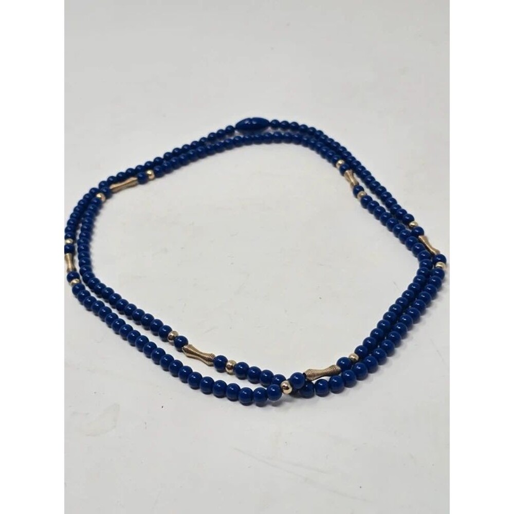 Vintage Retro 40's Plastic Blue Gold Tone Bead Necklace 36"